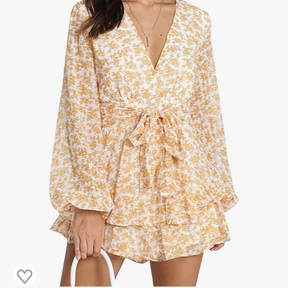 Long Bubble Sleeve Polka Dot Romper Floral Print V-Neck Jumpsuit